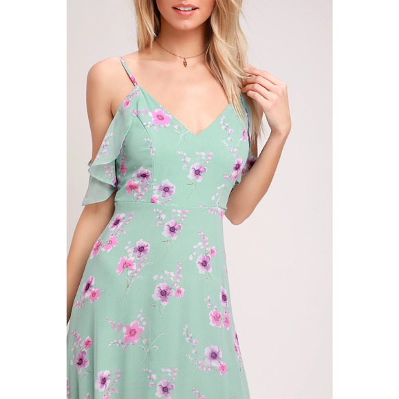 Lulus Maxi Dress XS Mint Green Floral Print Off Shoulder Take You There - Picture 5 of 14